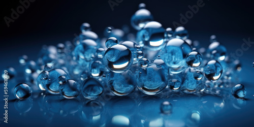 composition abstraite d'une ensemble de sphères transparente dans un environnement et lumière bleu