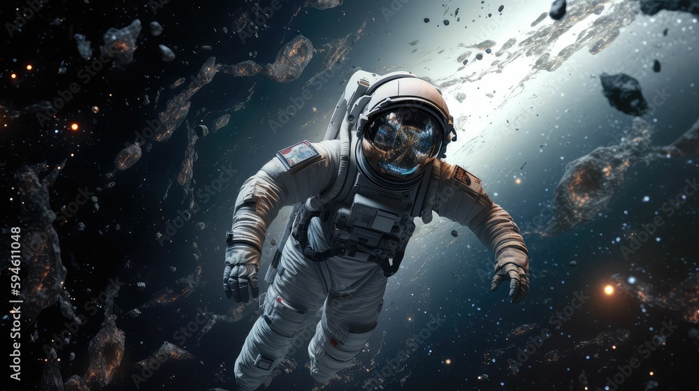 3D realistic, an astronaut in a spacesuit flies in space against the background of the planet.. Created with generative AI