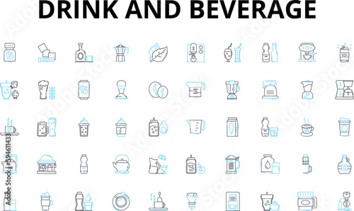 Drink and beverage linear icons set. Soda, Tea, Coffee, Juice, Smoothie, Milk, Water vector symbols and line concept signs. Beer,Wine,Whiskey illustration