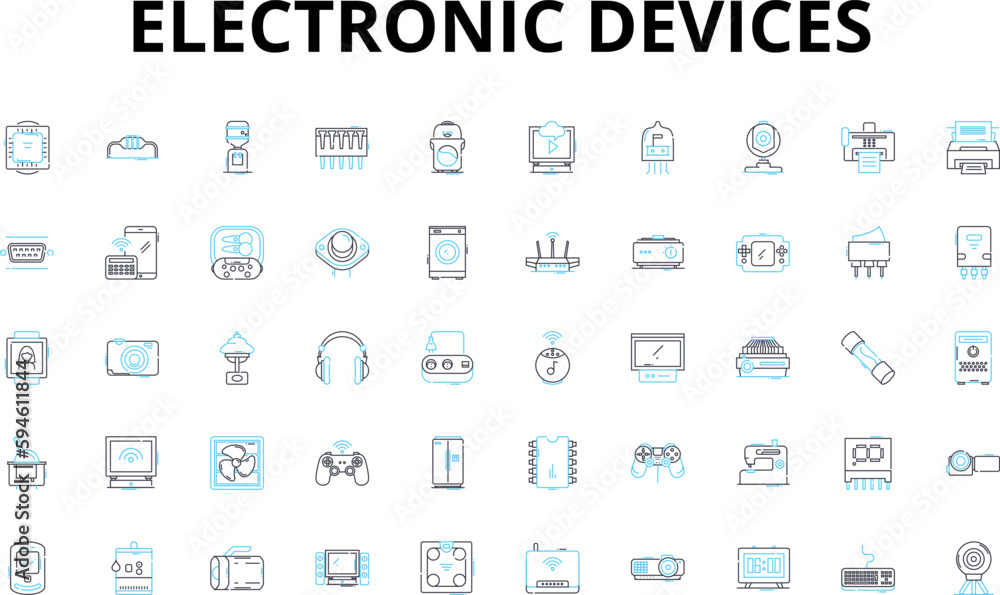 Electronic devices linear icons set. Smartph, Tablet, Laptop, Desktop, Smartwatch, Headphs, Speakers vector symbols and line concept signs. Camera,Dr,Gaming illustration Electronic devices linear icons set. Smartph, Tablet, Laptop, Desktop, Smartwatch, Headphs, Speakers vector symbols and line concept signs. Camera,Dr,Gaming illustration