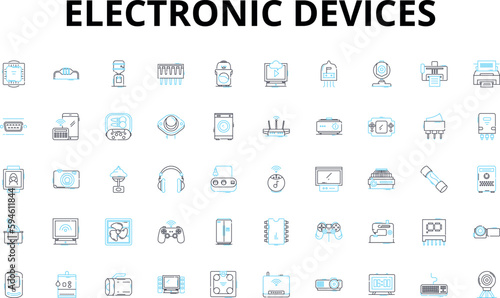 Electronic devices linear icons set. Smartph, Tablet, Laptop, Desktop, Smartwatch, Headphs, Speakers vector symbols and line concept signs. Camera,Dr,Gaming illustration