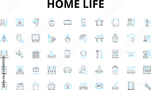 Home life linear icons set. Comfort, Cozy, Family, Love, Memories, Laughter, Warmth vector symbols and line concept signs. Sanctuary,Relaxation,Routine illustration