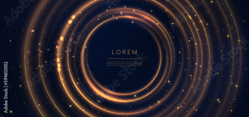 Abstract luxury golden circles lines overlapping on dark blue background with lighting effect and sprkle. Template premium award design.