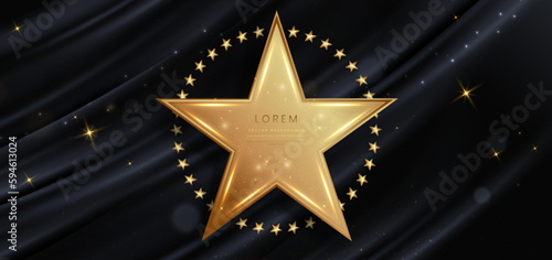 3D gold color star glowing on dark background with lighting effect and sparkle. Luxury design award ceremony concept.