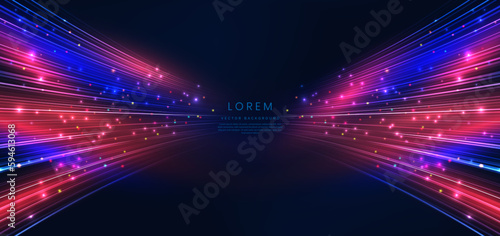 Abstract technology futuristic glowing blue and red light curved lines with high-speed effect on dark blue background.