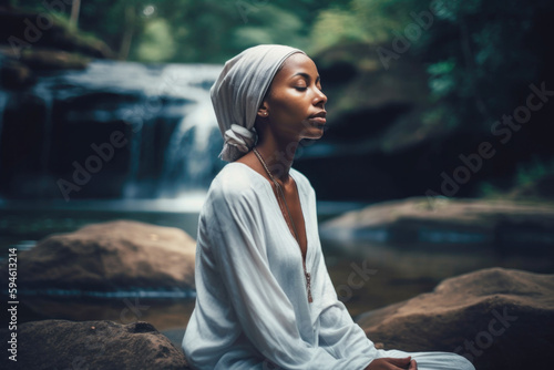 Portrait of a young black woman sitting on the rock and meditating AI generative art