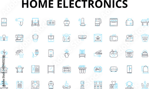 Home electronics linear icons set. Television, Ph, Computer, Headphs, Smartwatch, Speaker, Tablet vector symbols and line concept signs. Camera,Microwave,Oven illustration