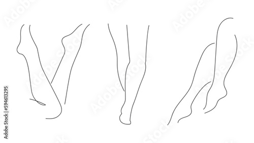 Set of female legs in different poses, continuous line, hand-drawn. Vector illustration