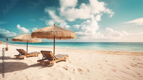White sand, sunbeds and an umbrella. Amazing beach scenery. Generative AI. © EUDPic