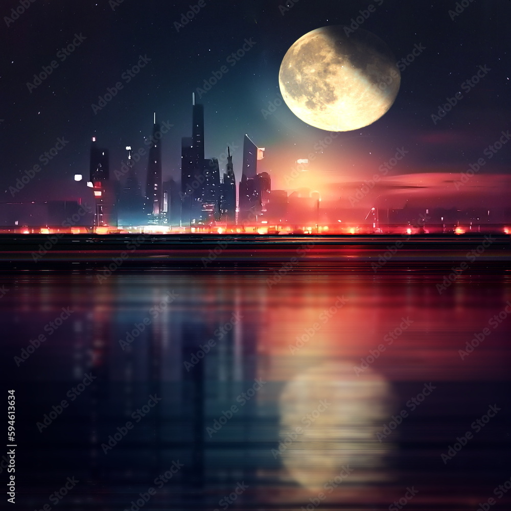 full moon is over the water and the city is reflected in t2  city silhouette at night bluhe water. generated ai 