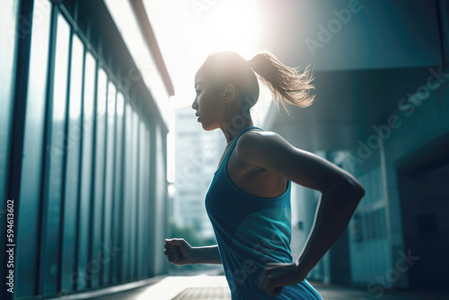 Beautiful young woman athlete running in the city, Generative ai