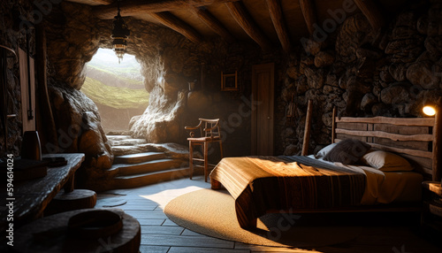 ancient stone build style bedroom interior photo