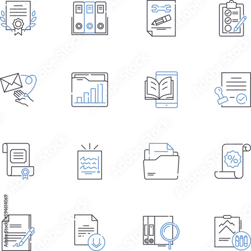 Periodical release line icons collection. Magazine , Journal , Newsletter , Bulletin , Report , Publication , Digest vector and linear illustration. Review ,Annual ,Almanac outline signs set