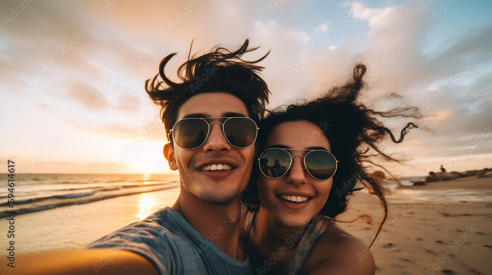 Happy couple has fun in the beach and enjoys the summer. Smiling and laughing at sunshine. Generative Ai. - obrazy, fototapety, plakaty 
