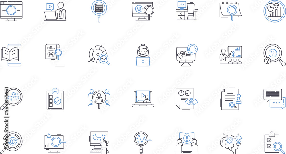 Scrutiny line icons collection. Examination, Analysis, Inspection, Investigation, Inquiry, Audit, Study vector and linear illustration. Assessment,Criticality,Observation outline signs set