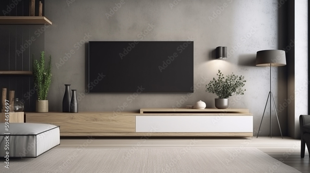 Obraz premium Interior mock up living room. cabinet for TV or place object in modern living room with lamp,table,flower and plant. AI Generative.