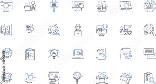 Scrutiny line icons collection. Examination, Analysis, Inspection, Investigation, Inquiry, Audit, Study vector and linear illustration. Assessment,Criticality,Observation outline signs set