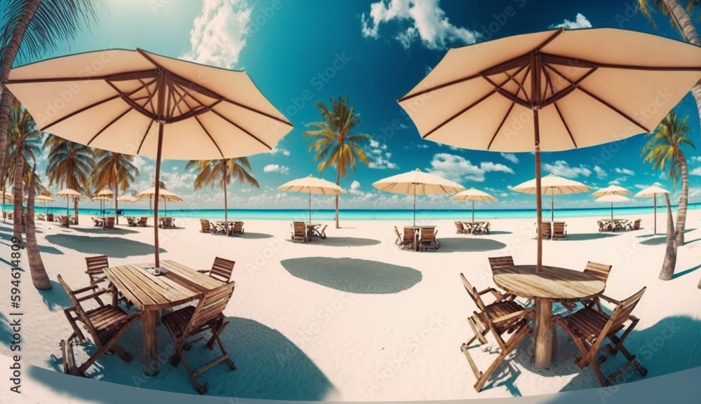 Summer beach by the sea,beach chair and umbrella, summer vacation concept. Generative Ai.