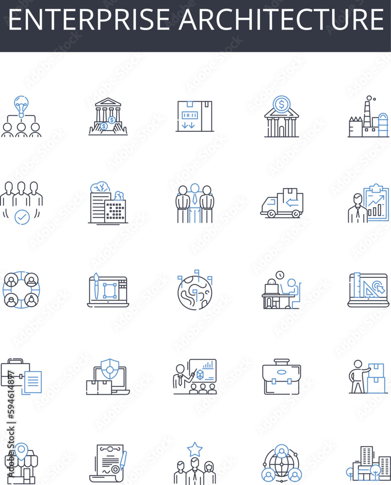 Enterprise architecture line icons collection. Business structure, Corporate blueprint, System analysis, Technical design, Strategic planning, Information management, Solution framework vector and Enterprise architecture line icons collection. Business structure, Corporate blueprint, System analysis, Technical design, Strategic planning, Information management, Solution framework vector and