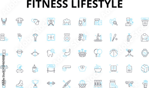 Fitness lifestyle linear icons set. Exercise, Strength, Cardio, Health, Wellness, Nutrition, Yoga vector symbols and line concept signs. Fitness,Muscles,Endurance illustration