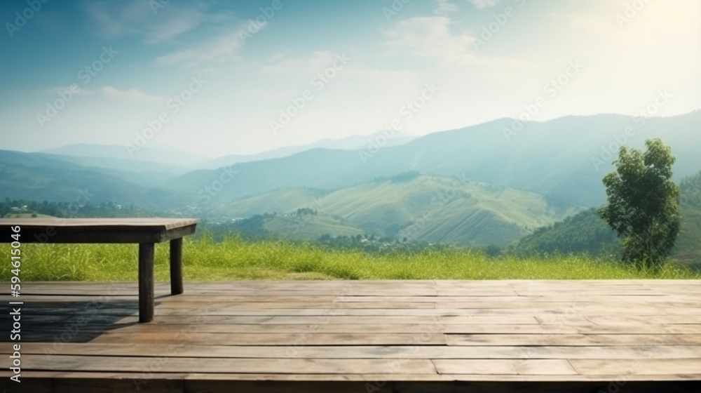 Beautiful outdoor terrace and chairs on the sunny balcony views with mountain views in the background. Generative Ai. Beautiful outdoor terrace and chairs on the sunny balcony views with mountain views in the background. Generative Ai.