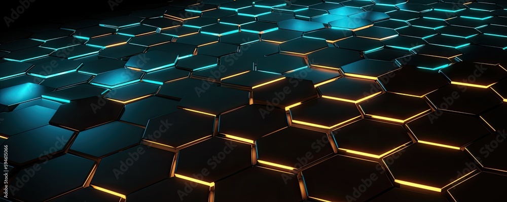 Futuristic Sci Fi Dark Empty Room With Blue Neon Glowing lights, Concrete Hexagon Shaped Floor With Reflections 3D Rendering - generative ai