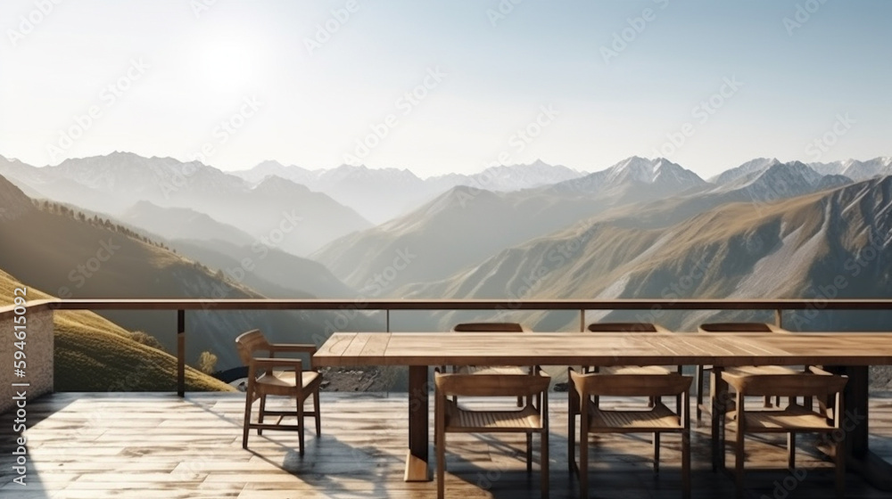 Beautiful outdoor terrace and chairs on the sunny balcony views with mountain views in the background. Generative Ai.