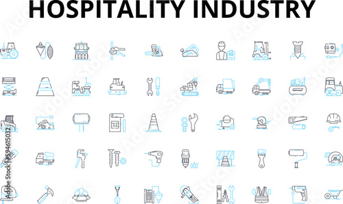 Hospitality industry linear icons set. Resorts, Restaurants, Accommodation, Vacation, Tourism, Casino, Spa vector symbols and line concept signs. Hotels,Airline,Catering illustration