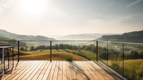 Beautiful outdoor terrace and chairs on the sunny balcony views with mountain views in the background. Generative Ai.