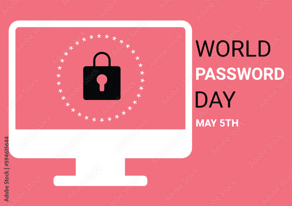 World Password Day concept. Lock on computer monitor screen. May 5Th. Template for background, banner, card, poster with text inscription. Vector illustration. World Password Day concept. Lock on computer monitor screen. May 5Th. Template for background, banner, card, poster with text inscription. Vector illustration.