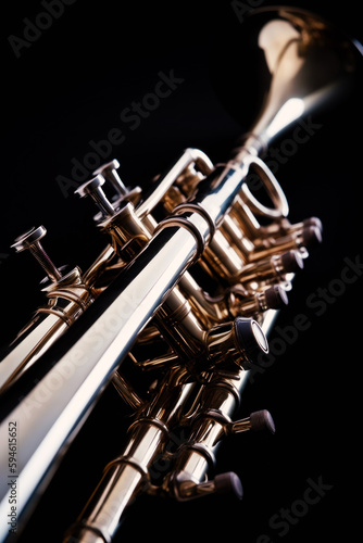 A Symphony in Brass  Captivating Close-up of a Gleaming Clarinet - Celebrating the Craftsmanship and Beauty of a Time-Honored Woodwind Instrument. Generative AI