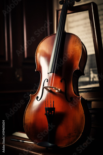 A Cello's Allure: Captivating Close-up of a Wooden Cello - Celebrating the Rich Tones and Artistry of this Beloved String Instrument. Generative AI