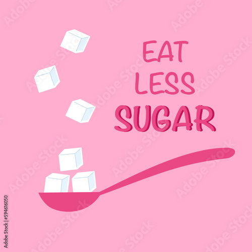 Eat less sugar concept vector illustration. Sugar on spoon in flat design on pink background.