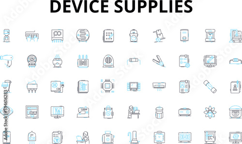 Device supplies linear icons set. Adapters, Batteries, Cables, Chargers, Docks, Earphs, Flashlights vector symbols and line concept signs. Gloves,Headphs,Hubs illustration