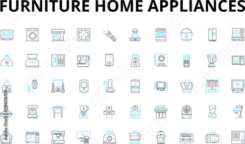 Furniture home appliances linear icons set. Sofa, Chair, Table, Bed, Dresser, Desk, Bookcase vector symbols and line concept signs. Ottoman,Recliner,Mattress illustration