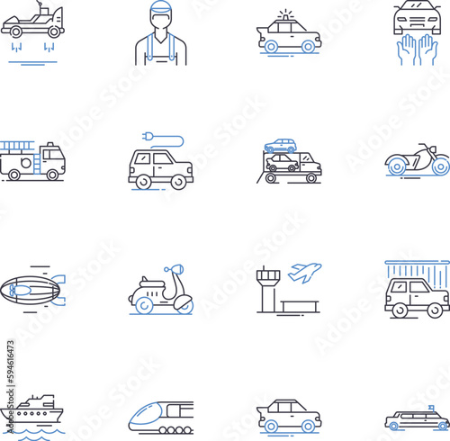 Motorcycles line icons collection. Cruiser, Sportbike, Chopper, Dirtbike, Touring, Bobber, Cafe racer vector and linear illustration. Scooter,Harley,Yamaha outline signs set photo