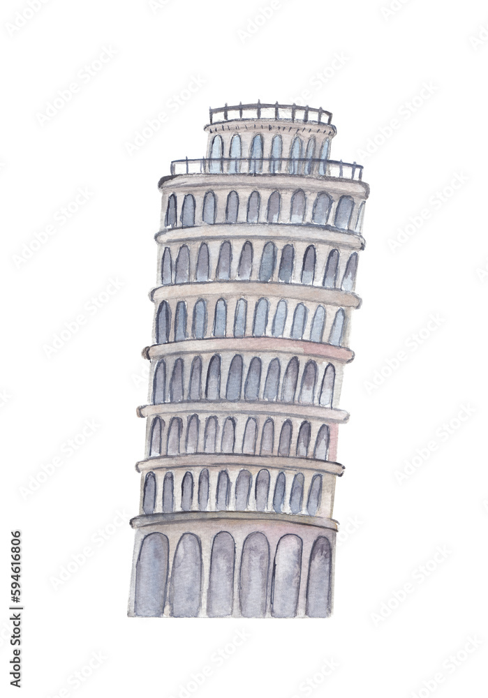 Pisa tower Italian landmark Watercolor architecture illustration Png clipart Printable cut file, scrapbook, souvenir, greeting card, invitation, travel journey