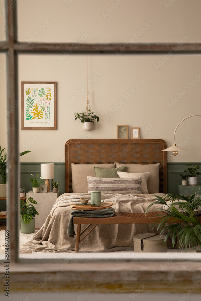 Interior design of bedroom interior with mock up poster frame, cozy bed, beige bedding, plants in flowerpots, stylish wooden bench, lamp and personal accessories. Home decor. Template.