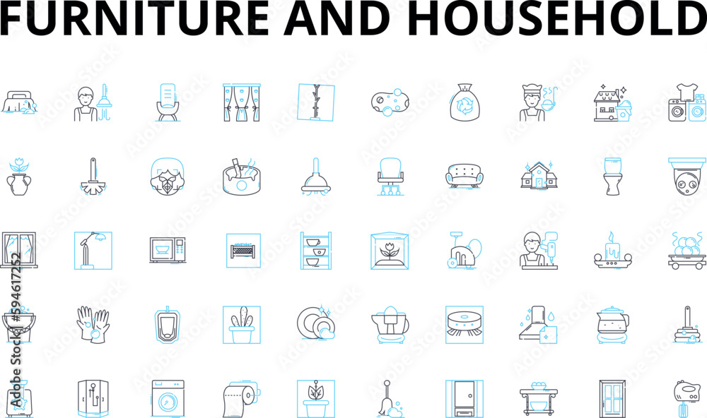 Furniture and household linear icons set. Sofa, Bed, Chair, Table, Cabinet, Ottoman, Lamp vector symbols and line concept signs. Rug,Pillow,Bookshelf illustration