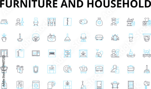 Furniture and household linear icons set. Sofa, Bed, Chair, Table, Cabinet, Ottoman, Lamp vector symbols and line concept signs. Rug,Pillow,Bookshelf illustration
