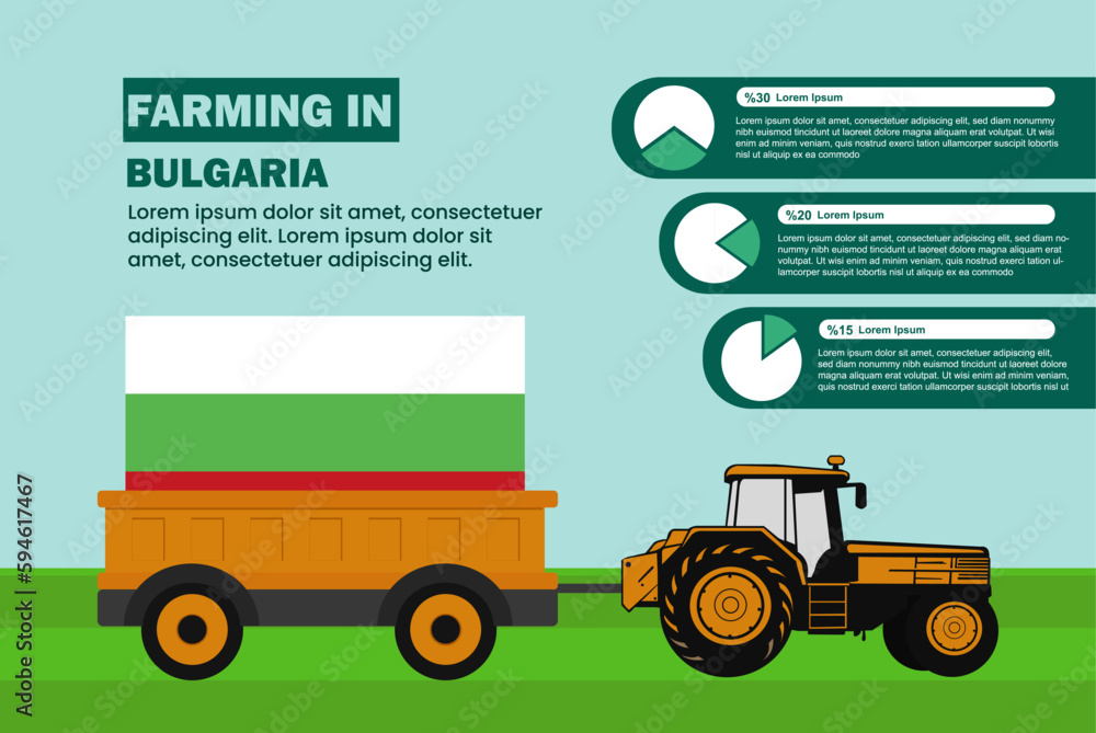Farming industry in Bulgaria, pie chart infographics with tractor and trailer Farming industry in Bulgaria, pie chart infographics with tractor and trailer