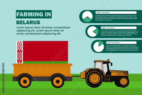 Farming industry in Belarus, pie chart infographics with tractor and trailer