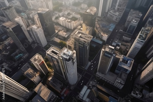 Top View of Business Cityscape with Tall Buildings and Skyline Tower in Drone Shot