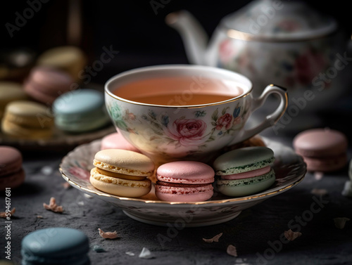 Cup of tea with steam rising  surrounded by a beautifully arranged assortment of pastel-colored macarons.