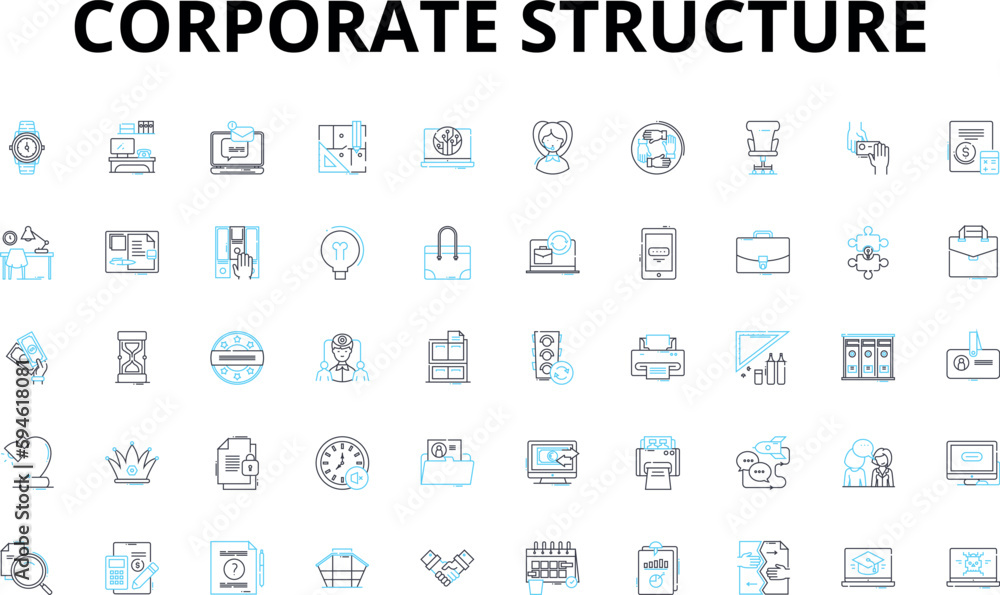 Corporate structure linear icons set. Hierarchy, Chain, Authority, Management, Organization, Bureaucracy, Division vector symbols and line concept signs. Team,Department,Governance illustration