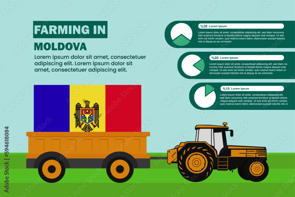 Farming industry in Moldova, pie chart infographics with tractor and trailer Farming industry in Moldova, pie chart infographics with tractor and trailer