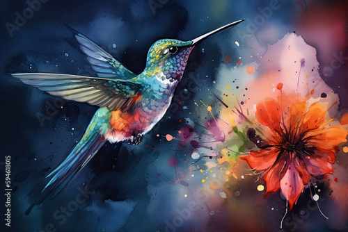 Play with the use of light and shadow to create a stunning and dynamic watercolor painting of a hummingbird and a flower