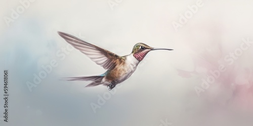 A hummingbird frozen mid-flight, contrasting its rapid wingbeats against a serene, pastel canvas, concept of Motionlessness, created with Generative AI technology