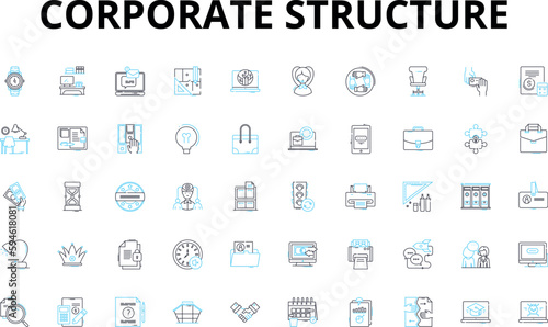 Corporate structure linear icons set. Hierarchy, Chain, Authority, Management, Organization, Bureaucracy, Division vector symbols and line concept signs. Team,Department,Governance illustration