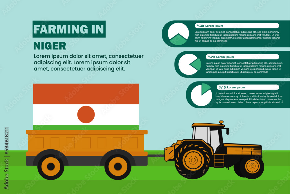 Farming industry in Niger, pie chart infographics with tractor and trailer Farming industry in Niger, pie chart infographics with tractor and trailer